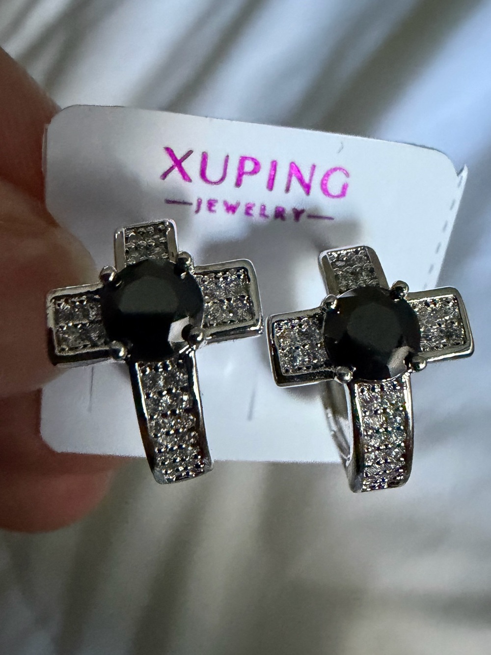 Ping Silver Cross Earrings with Black Stones